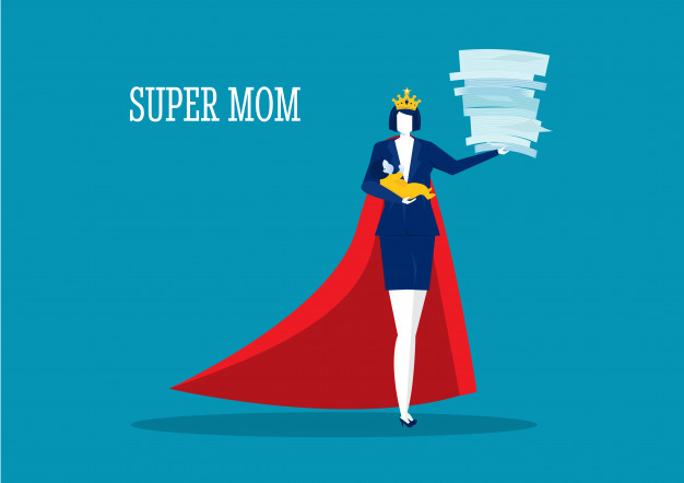 hero woman mother doing office work homework alone super mom